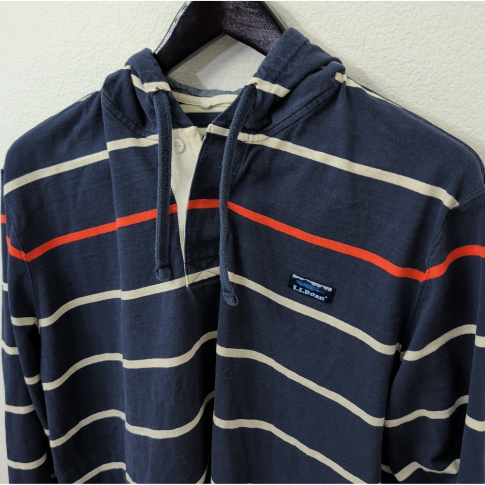 LL Bean Traditional Fit Hooded Rugby Shirt Navy Blue Striped Cotton XXL 2XL REG